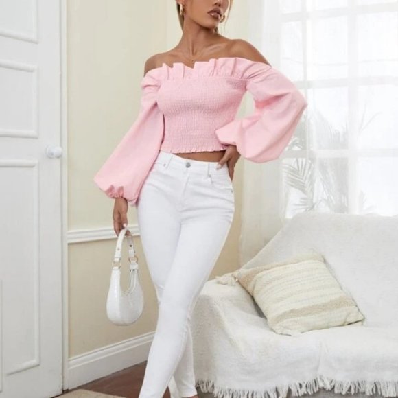 Off Shoulder Ruffle Trim Shirred Long sleeved Crop Blouse Pink - Picture 3 of 5